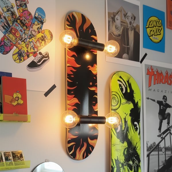 Wandleuchte aus einem Skateboard-Deck mit Flammenmuster und vier runden Glühlampen an einer dekorierten Wand.