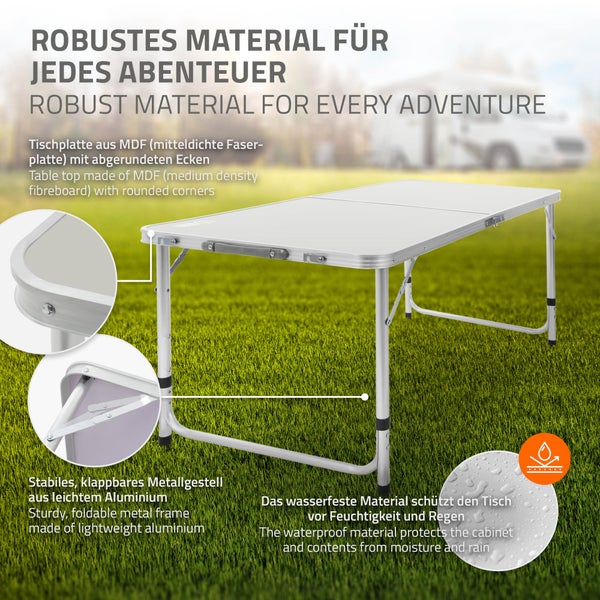 ECD Germany Alu Campingtisch Klapptisch, höhenverstellbar 120x60x54-70 cm, Grau, HDPE-Platte, klappbar, tragbar, leicht, Falttisch mit Griff, Koffertisch Gartentisch Reisetisch Balkontisch Esstisch