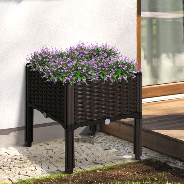 Outsunny Hochbeet, Pflanzkasten mit Abflusslöchern, Blumenkasten im Rattan-Look, Kunststoff, Braun, 40 x 40 x 44 cm
