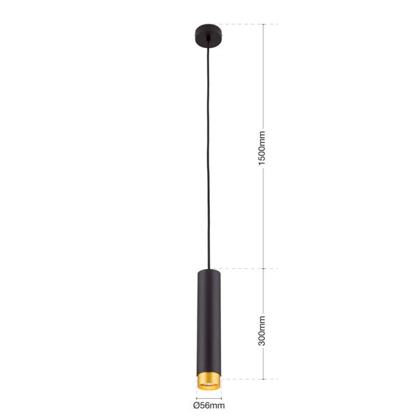 Zylindrische Pendelleuchte mit 56 Millimeter Durchmesser und 300 Millimeter Leuchtenhöhe bei 1500 Millimeter Abhängung.