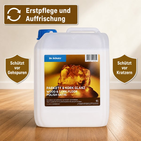 Dr. Schutz Parkett und Kork Glanz 5 Liter Kanister zur Pflege und zum Schutz von Parkett und Korkböden vor Gehspuren und Kratzern.