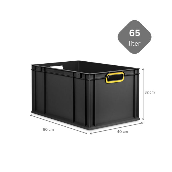 Eurobox NextGen Color, HxBxT 32x40x60cm, 65 Liter, Griffe gelb offen, Verstärkter Boden, Schwarz, Eurobehälter, Transportbox, Transportbehälter, Stapelbehälter