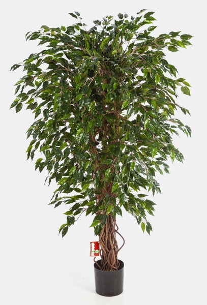 Nahaufnahme der grünen Blätter und des braunen Stammes einer Kunstpflanze.