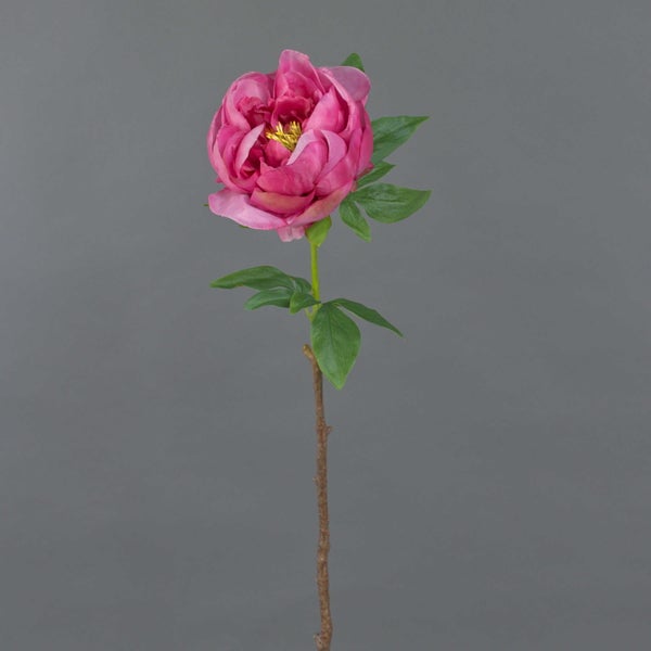 Künstliche Pfingstrose in Pink mit langem braunem Stiel und grünen Blättern für die Dekoration.