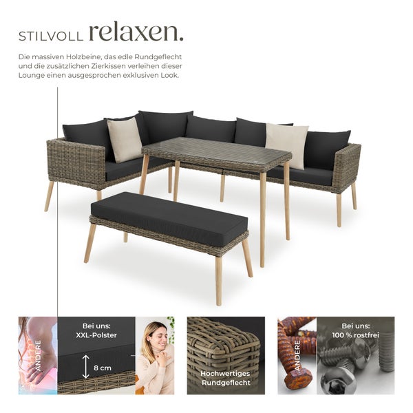 Rattan Lounge tectake Pula mit Sicherheitsglasplatte mit Aluminiumgestell natur