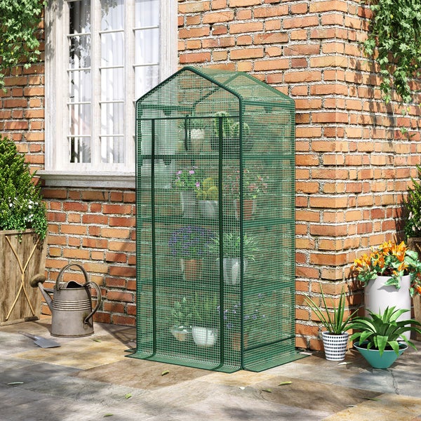 Outsunny Mini-Gewächshaus, Anzuchtgewächshaus mit Folienabdeckung und 4 Regalböden Regale Rolltür, 69 x 49 x 158 cm, Metall, PE, Grün
