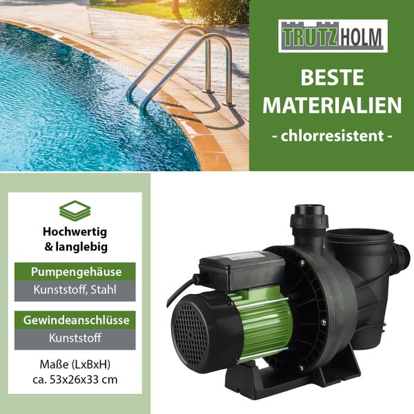 Trutzholm Poolpumpe für Schwimmbecken, chlorresistentes Material, Pumpengehäuse aus Kunststoff und Stahl, Maße 53 mal 26 mal 33 Zentimeter.
