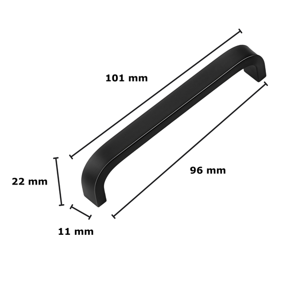 Schwarzer Möbelgriff mit Maßangaben