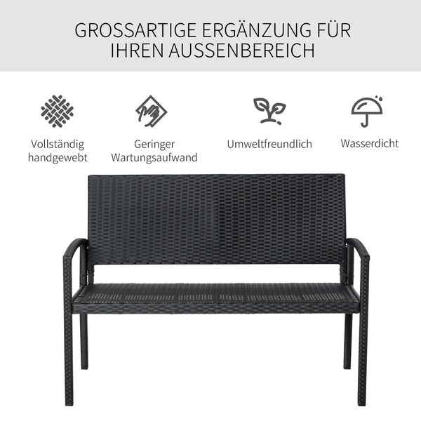 Outsunny Gartenbank, Sitzbank in Rattanoptik, für 2 Personen, bis 320 kg Belastbar, 122 x 60 x 85cm, PE Polyrattan, Stahl, Schwarz