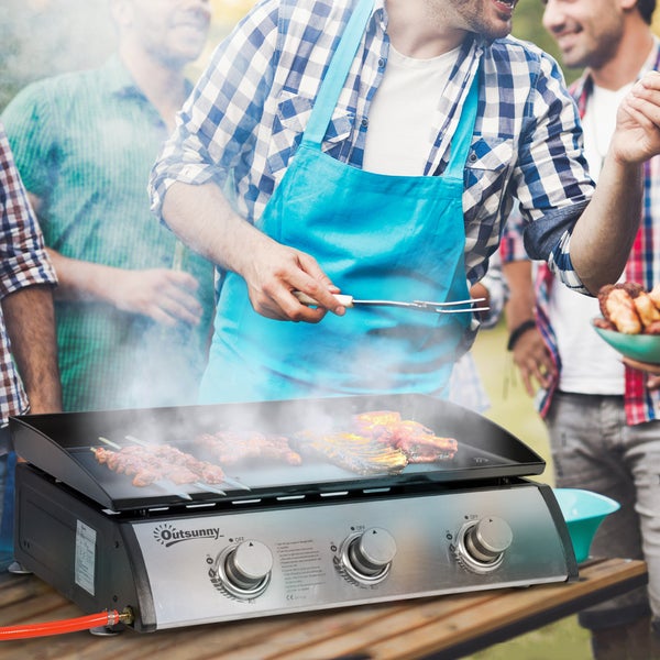 Outsunny Gasgrill 10000BTU/2,5 KW Gas-Grill inkl 3 Edelstahl-Brenner Druckminderer, Gasschlauch, BBQ Gartengrill für Balkon, Camping-Grill 63 x 48 x 21 cm