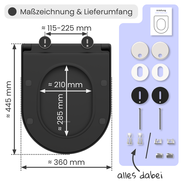 Maßzeichnung und Lieferumfang eines schwarzen Toilettendeckels mit allen Montageteilen und Benutzerhandbuch.