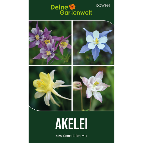 Deine Gartenwelt Logo. Samentüte für Akelei Mrs Scott Elliot Mix mit verschiedenen Blütenfarben.