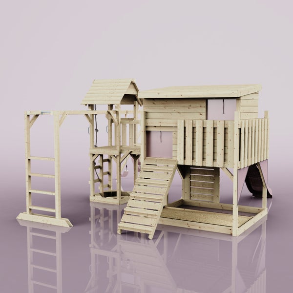 Spielplatz aus Holz mit Rutsche, Klettergerüst und Schaukel