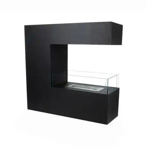 Moderner Bio-Ethanol-Kamin in Schwarz, C-förmiges Design aus Metall mit Sicherheitsglas.