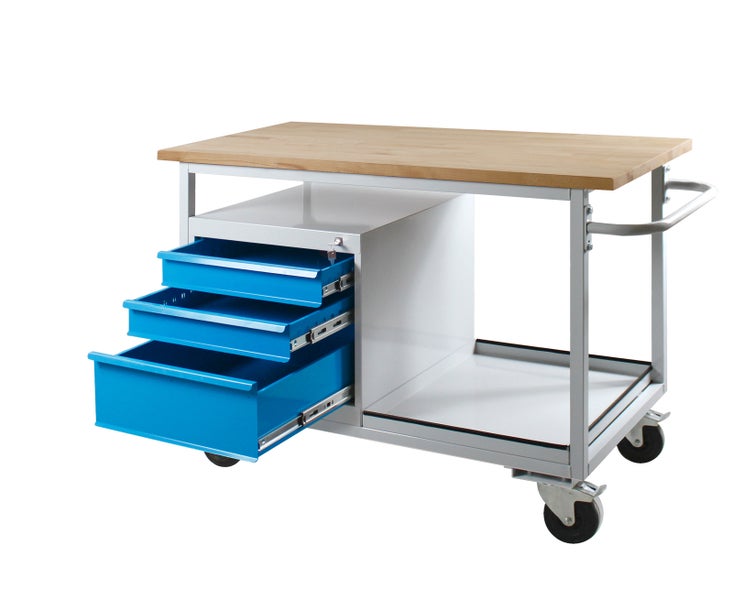 PROREGAL Mobile Werkbank Light Rhino mit Ablagefach 3 Schubladen HxBxT 85 x 130 x 60 cm 2 Lenkrollen 2 Bockrollen Traglast 300 kg Lichtgrau Blau