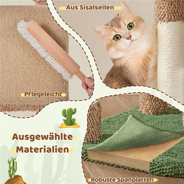 Detailansicht eines Katzenkratzbaums mit Sisalseilen, pflegeleichten Oberflächen, ausgewählten Materialien und robusten Spanplatten.