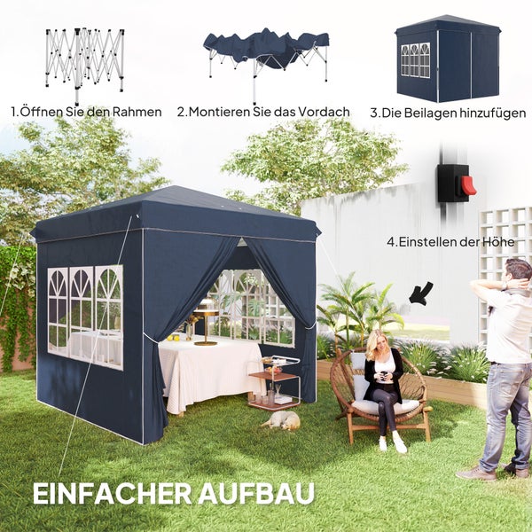 Outsunny Pavillon 2,5x2,5m, wasserabweisend Stabil Winterfest Pop-up Faltpavillon, UV Schutz 50+, Faltbar Partyzelt Gartenzelt mit 4 Seitenteilen Tasche Gartenpavillon für Camping Garten, Dunkelblau