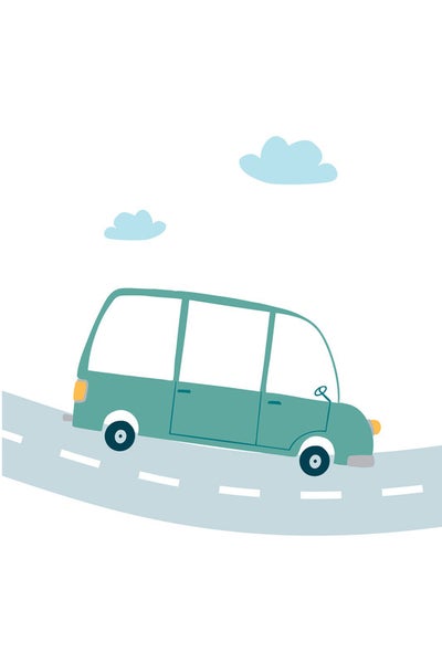 Illustration eines grünen Lieferwagens auf einer Straße unter Wolken