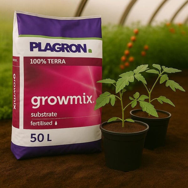 Plagron Growmix Substrat 50 Liter vorgedüngt für Pflanzen in Töpfen im Gewächshaus.