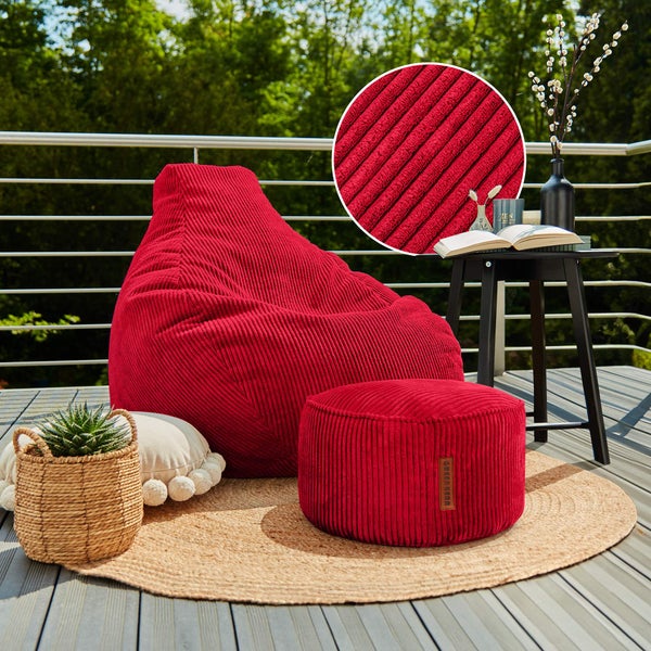 Green Bean Sitzsack mit Hocker aus Cord - Sitzsäcke für das Wohnzimmer, Schlafzimmer, Sitzsack-Sessel für Erwachsene Rot