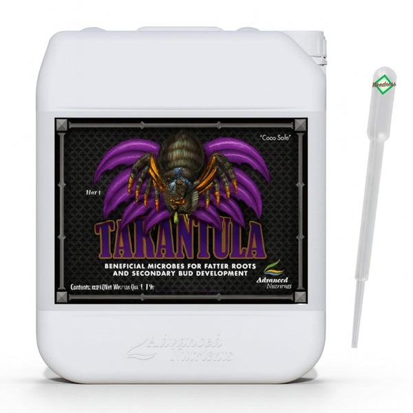 Advanced Nutrients Tarantula Pflanzenergänzung in weißem Kanister mit Pipette. Advanced Nutrients Logo. Weedness Logo.
