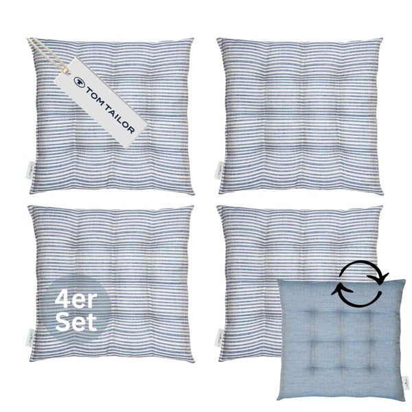 TOM TAILOR Sitzkissen im Set von 4, quadratisch, gestreift, wendbar mit Steppung und TOM TAILOR Logo.