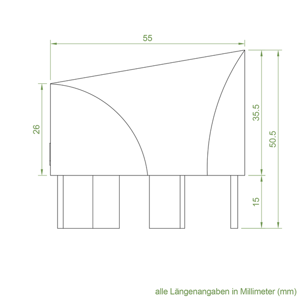 Technische Zeichnung mit Maßangaben in Millimetern für ein Bauteil mit einer Breite von 55 Millimetern und unterschiedlichen Höhenmaßen.