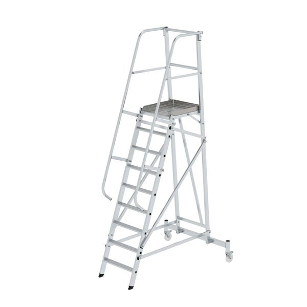 PROREGAL Plattformleiter Fahrbar 9 Stufen Inkl. Beidseitigem Handlauf Aluminium Nivello Leiterschuhe