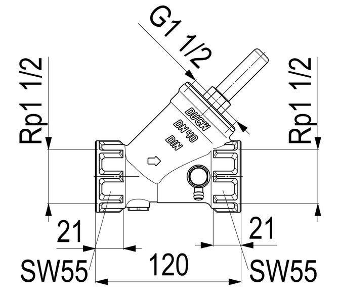 Maßzeichnung eines Schrägsitzventils Nennweite 40 mit Innengewinde eineinhalb Zoll, Außengewinde eineinhalb Zoll und Baulänge 120 Millimeter.