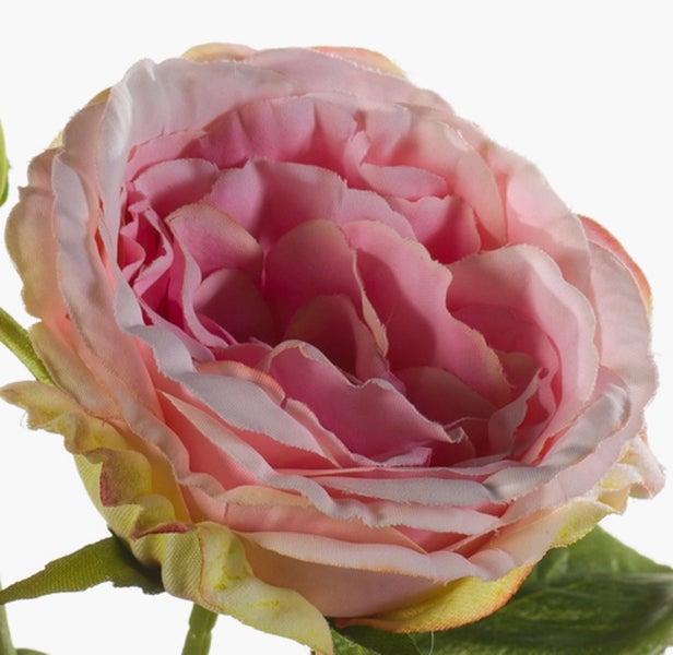 Künstliche Rose mit rosa Blüte und Knospe aus Kunststoff und Textil.