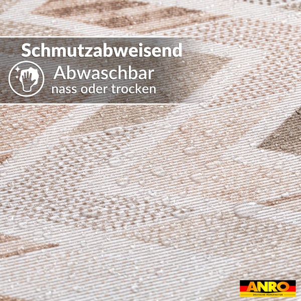 Schmutzabweisendes und abwaschbares Material, Reinigung nass oder trocken, ANRO Logo.