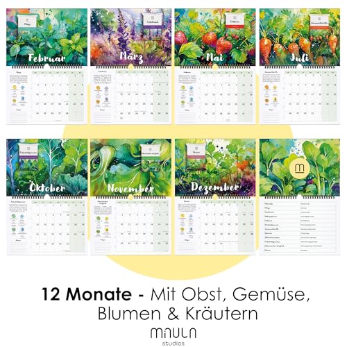 Szene mit Frau, die Pflanze gießt, Pflanzkalendern, Prüfzeichen und FSC-Siegel