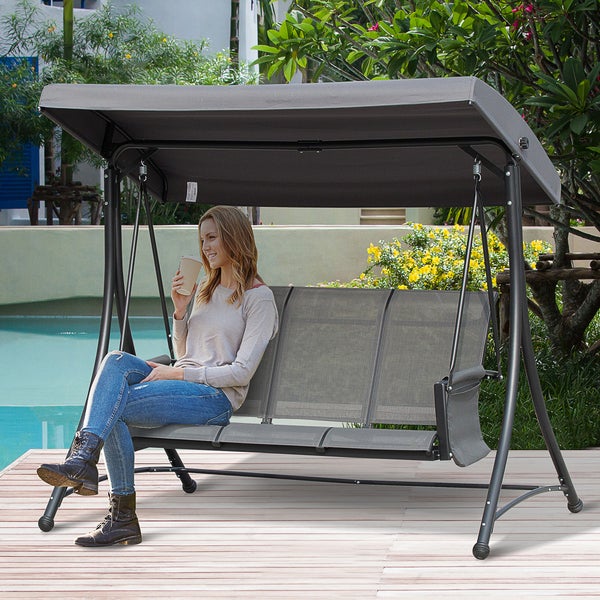 Outsunny Hollywoodschaukel, 3-Sitzer Gartenschaukel mit Sonnendach, 196 x 128 x 172 cm, Aluminium, Grau