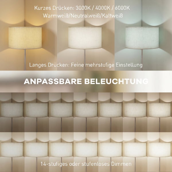 Stehlampe mit einstellbarer Lichtfarbe von warmweiß bis kaltweiß und stufenloser Dimmfunktion.