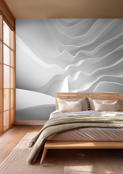 Schlafzimmer mit Fototapete mit abstraktem, gewelltem Design in Grautönen