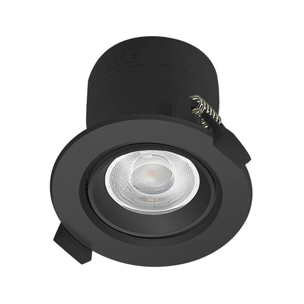 Schwarzer LED-Einbaustrahler, rund, schwenkbar mit Montagefedern aus Metall.