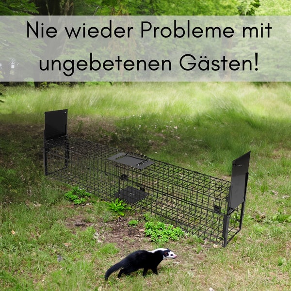 Lebendfalle für Tiere im Außenbereich mit Text: Nie wieder Probleme mit ungebetenen Gästen!