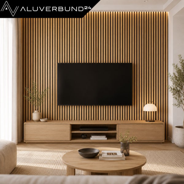 Wohnzimmer mit moderner Holzlamellenwand als TV Wandgestaltung und niedrigem Sideboard in einem hellen und gemütlichen Wohnraum.