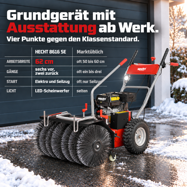 Kehrmaschine Hecht 8616 SE im Vergleich mit technischer Tabelle zur Arbeitsbreite, Gängen, Startsystem und Licht vor einer Garage im Schnee.
