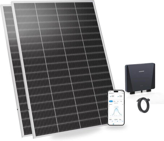 Zwei Solarmodule, ein Wechselrichter, ein Kabel und ein Smartphone mit App zur Leistungsüberwachung.
