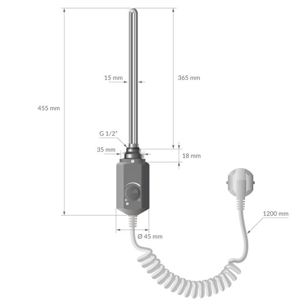 Elektrischer Heizstab für Badheizkörper: Gesamtlänge 455 Millimeter, Heizstab 365 Millimeter, Gewinde G 1/2 Zoll, Spiralkabel 1200 Millimeter.