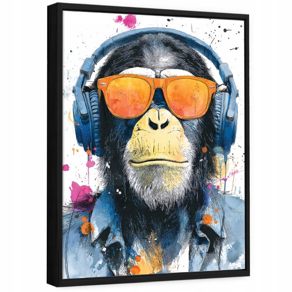 Wandbild mit einem Affen als DJ mit Kopfhörern und Sonnenbrille in einem schwarzen Rahmen als moderne Kunst Illustration für die Wanddekoration
