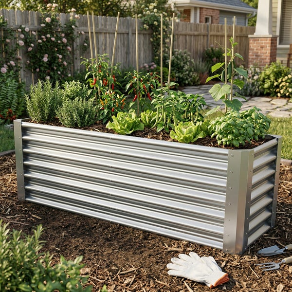 Rechteckiges Hochbeet aus silbernem Wellblech in einem Garten, bepflanzt mit Kräutern, Salat und Gemüse wie Paprika und Gurken.