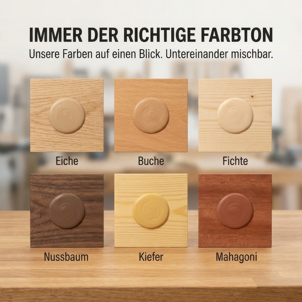 Übersicht von sechs mischbaren Holztönen wie Eiche, Buche, Fichte, Nussbaum, Kiefer und Mahagoni auf quadratischen Holzmustern.
