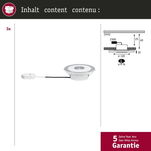 Dreier Set LED Einbaustrahler mit 120 Millimeter Durchmesser, 74 Millimeter Lochausschnitt, 40 Millimeter Höhe, 230 Volt und 5 Jahren Garantie.