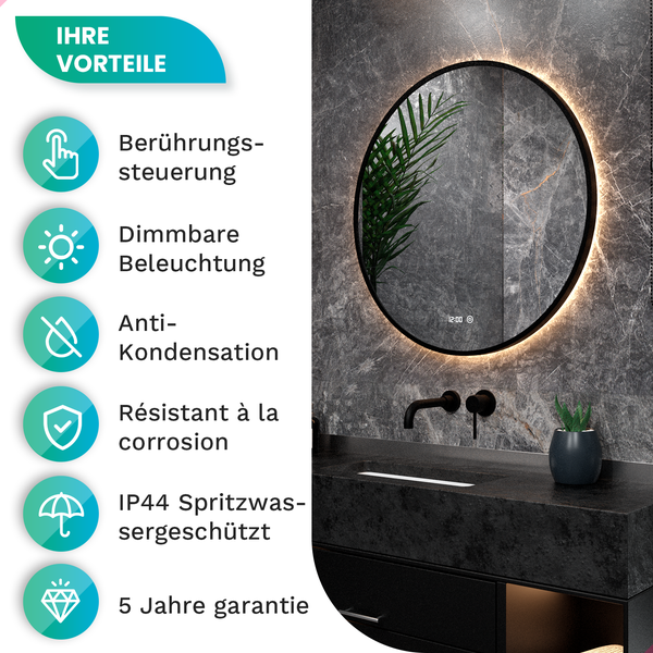 Mirlux Badezimmerspiegel mit LED Beleuchtung, Wandspiegel Rund,  Anti Kondensations Duschspiegel,  Mattschwarz 60CM