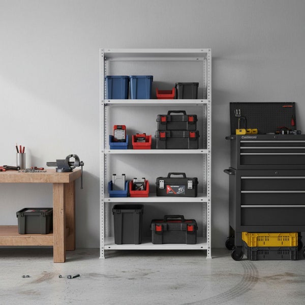 Organisierte Werkstatt mit weißem Metallregal, Werkbank aus Holz mit Schraubstock und fahrbarem Werkzeugwagen aus Metall.