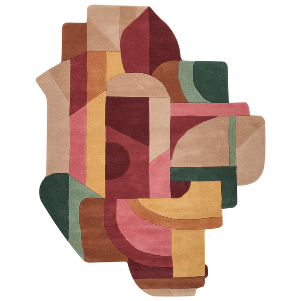 Moderner, mehrfarbiger Teppich mit unregelmäßiger Form und abstraktem, geometrischem Muster.