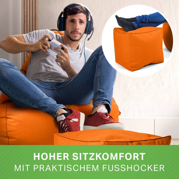 Green Bean 2er Set Sitzsack + Hocker - fertig befüllt - robust waschbar schmutzabweisend - Kinder & Erwachsene Bean Bag Bodenkissen Lounge Sitzhocker Relax-Sessel Gamer Gamingstuhl Pouf - Orange