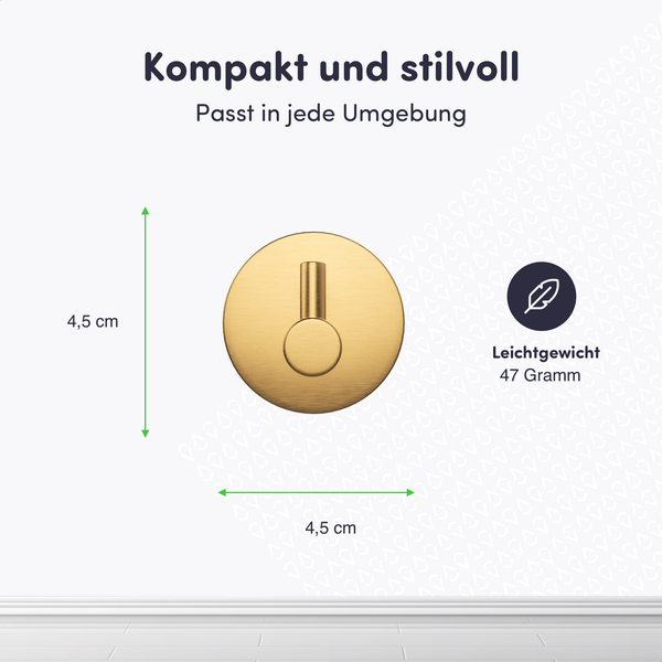 Ein runder Wandhaken aus gebürstetem Metall mit einem Durchmesser von 4.5 Zentimetern und einem Gewicht von 47 Gramm.